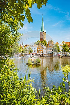 Historic city of Luebeck with Trave river in summer, Schleswig-Holstein, Germany