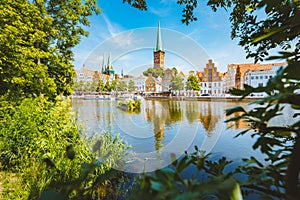 Historic city of Luebeck with Trave river in summer, Schleswig-Holstein, Germany