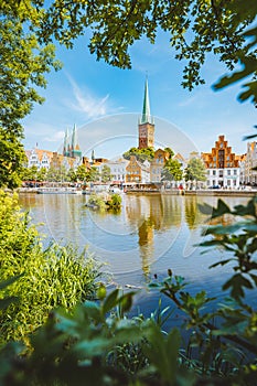 Historic city of Luebeck with Trave river in summer, Schleswig-Holstein, Germany