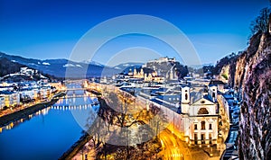 Historic city of Salzburg during blue hour, Austria