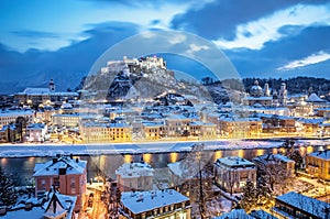 Historic city of Salzburg at Christmas time in winter, Austria