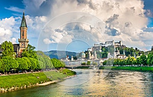 Historic city of Salzburg with dramatic clouds in summer, Austria