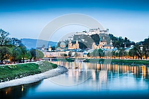 Historic city of Salzburg at dusk, Austria