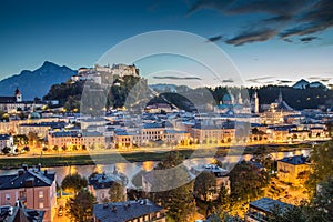 Historic city of Salzburg at dusk, Salzburger Land, Austria photo