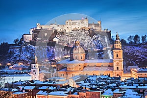 Historic city of Salzburg with Festung Hohensalzburg in winter