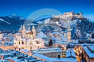Historic city of Salzburg with Festung Hohensalzburg in winter