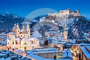 Historic city of Salzburg with Festung Hohensalzburg in winter, Austria photo