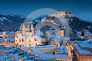 Historic city of Salzburg with Festung Hohensalzburg in winter, Salzburger Land, Austria