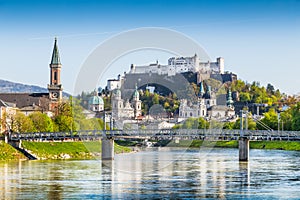 Historic city of Salzburg with Salzach river in springtime, Austria