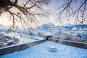 Historic city of Salzburg at sunrise in winter, Austria