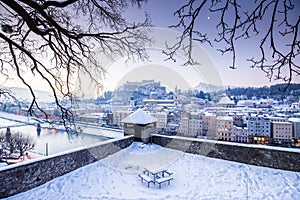 Historic city of Salzburg at sunrise in winter, Austria