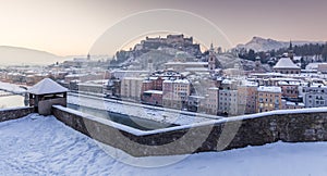 Historic city of Salzburg at sunrise in winter, Austria