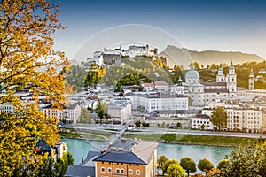 Historic city of Salzburg at sunset in fall, Austria