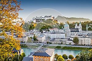 Historic city of Salzburg at sunset in fall, Austria