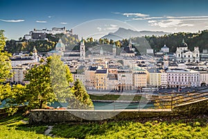 Historic city of Salzburg at sunset, Salzburger Land, Austria photo