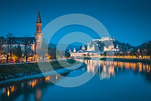 Historic city of Salzburg at twilight, Austria