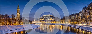 Historic city of Salzburg in winter at dusk, Salzburger Land, Austria