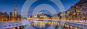 Historic city of Salzburg in winter at dusk, Salzburger Land, Austria