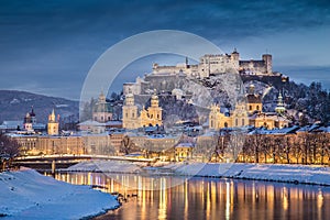 Historic city of Salzburg in winter at dusk, Salzburger Land, Austria