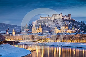 Historic city of Salzburg in winter at dusk, Salzburger Land, Austria