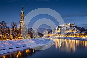 Historic city of Salzburg in winter at dusk, Salzburger Land, Austria