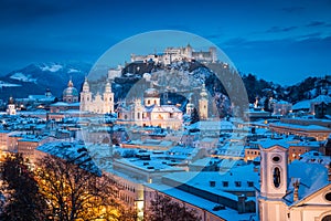 Historic city of Salzburg during winter twilight, Austria