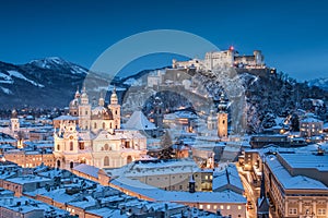 Historic city of Salzburg in winter in twilight, Austria