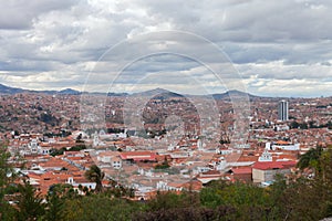 Historic city of Sucre with an aerial view over the Cathedral tower in Bolivia, South America.