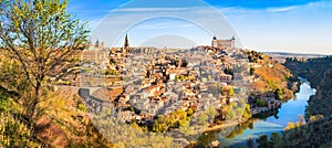 Historic city of Toledo with river Tajo at sunset, Castile-La Mancha, Spain