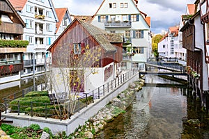 Historic city of Ulm, scenic spot on Romantic Street, Baden-Wuerttemberg, Germany.Bridges to houses in historic district of Ulm.