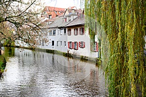 Historic city of Ulm, scenic spot on Romantic Street, Baden-Wuerttemberg, Germany.Houses in historic district of Ulm.