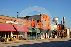 GRAPEVINE, TARRANT COUNTY, TEXAS, USA - JULY 24, 2019: Main Street in historic downtown Grapevine, Texas.