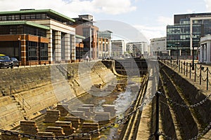 The historic Clarendon dry dock basin in the Belfast Harbiour Estate at Donegall Quay