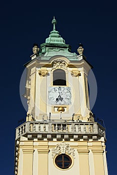 Historic clock tower of the Old Town Hall in the Main Square, Bratislava, Slovakia