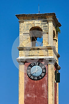 Historic clock tower in Palaio Frourio in city of Corfu