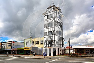 Historic clock tower of Stratford near volcano Taranaki, New Zealand.