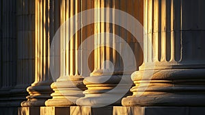A historic courthouse its pillars basked in golden backlight