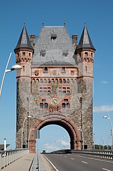 Historic cultural monument tower landmark called \'Nibelungenbrücke\'