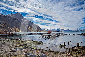 Historic, decaying, Grytviken Whaling Station on South Georgia looking out toward ocean