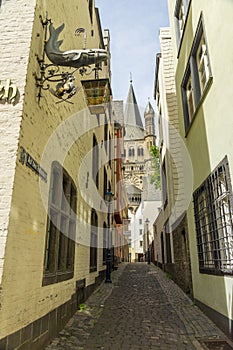 Historic district Street and Great St. Martin Church in Cologne Germany, Europe