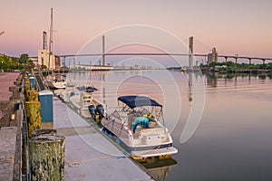 Historic District waterfront of Savannah, Georgia at twilight