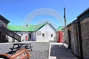 Historic Dockyard Museum, Port Stanley, Falkland Islands. Courtyard with historic objects.