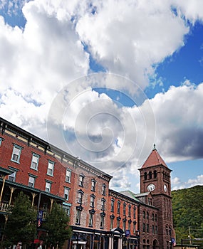 Historic downtown Jim Thorpe Pennsylvania in the Pocono Mountains, filled with local shops and restaurants