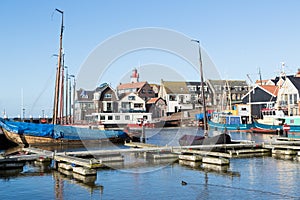 Historic Dutch harbor of Urk with lighthouse and old shipyard