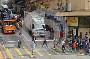 Historic electric tram bus in Central District of HK 20 April 2013