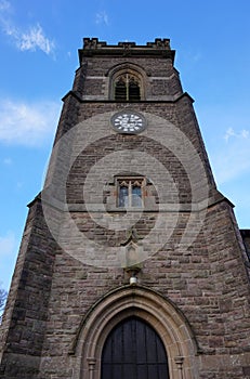 Historic evangelist church clock tower from the front