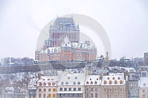 Historic Fairmont Chateau Frontenac on a snowy day, Old Quebec City, Canada