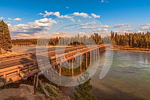 Fishing Bridge over Yellowstone river at sunset.Yellowstone National Park.Wyoming.USA