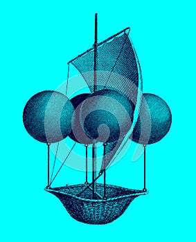 Historic flying ship, an aeronautic machine by Francesco Lana Terzi from 1670 in front of a blue background