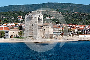 Historic fort in port and city Ouranoupolis , entry site to monasteries of Mount Athos, Chalkidiki, Greece